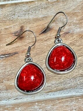 Red Drop Earrings with Silver-Tone Setting